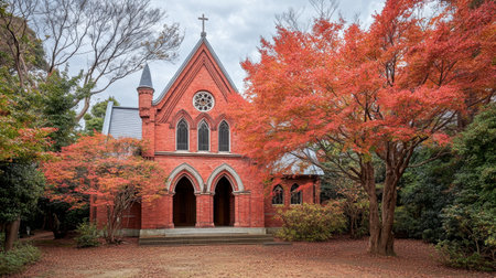 A historic red brick church stands beautifully surrounded by vibrant autumn foliage. The serene scene captures the peaceful essence of nature in a picturesque landscape.の素材