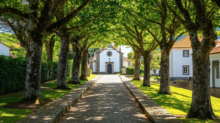 A picturesque pathway surrounded by lush trees leads to a charming white house, creating a tranquil and inviting atmosphere perfect for relaxation and exploration.の素材