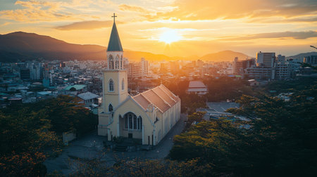 A breathtaking view captures a church steeple during sunset, surrounded by a vibrant city and distant mountains. Warm colors fill the sky, creating a serene atmosphere.の素材
