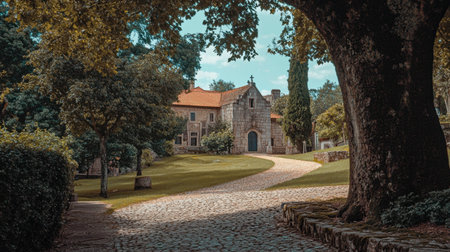 A beautiful pathway leads to a historic stone building, framed by lush trees and greenery. The serene scene captures the essence of tranquility and outdoor charm.の素材