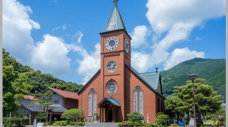 A stunning red brick church stands majestically against a backdrop of green hills and a bright blue sky. This serene location invites reflection.の素材