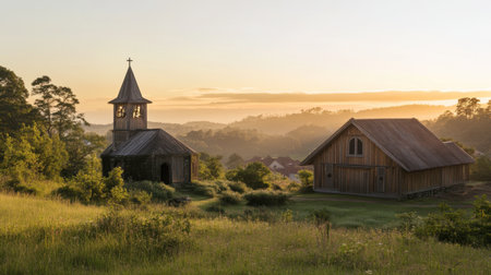 A tranquil sunrise illuminates a rustic church and wooden cabin nestled in the serene countryside, surrounded by lush greenery and distant hills.の素材
