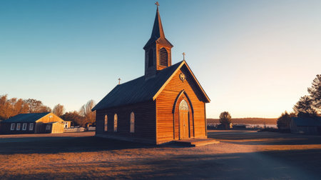 A captivating wooden church stands in a serene landscape at sunset, showcasing its unique architecture and inviting atmosphere amidst nature's beauty.の素材