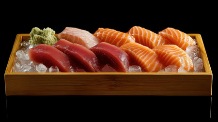 A beautiful arrangement of fresh sushi featuring salmon and tuna on ice. This gourmet platter highlights vibrant colors and exquisite presentation, perfect for any dining experience.の素材