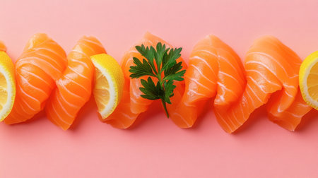 Vibrant arrangement of fresh salmon slices garnished with lemon and parsley, set against a pink background, perfect for culinary presentations and healthy meal ideas.の素材