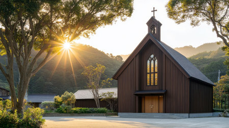 A beautiful wooden church framed by lush trees and mountains at sunset. The warm light creates a serene ambiance, making it an ideal spot for reflection.の素材