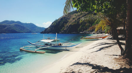 A serene tropical beach scene showcasing clear blue waters, gentle waves, and traditional boats lined on the shore. Perfect for relaxation and travel inspiration.の素材
