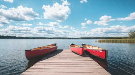 A picturesque view of three red canoes resting on a wooden dock by a tranquil lake, surrounded by fluffy clouds and lush greenery, perfect for outdoor adventures.の素材