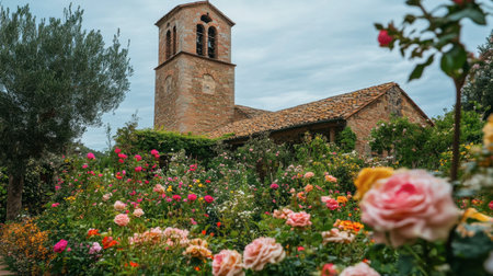 A picturesque historic church is framed by a lush flower garden filled with blooming roses. This serene landscape captures the beauty of nature and architecture.の素材