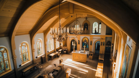 This image captures the tranquil interior of a wooden church, featuring large windows, an elegant altar, and a stunning chandelier that creates a serene atmosphere.の素材