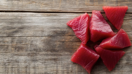 Fresh red fish chunks displayed on a rustic wooden table, perfect for culinary creations or sushi preparations, showcasing quality and vibrant color.の素材