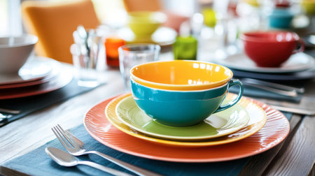 A vibrant table setting featuring colorful dinnerware, including bowls and plates. This modern arrangement creates a cheerful atmosphere perfect for gatherings.の素材