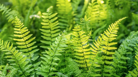 A stunning close-up of lush green fern leaves bathed in soft sunlight. The vibrant foliage creates a serene and tranquil atmosphere, ideal for nature-themed projects.の素材