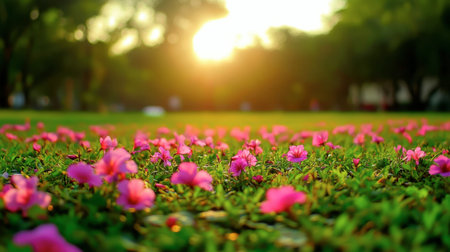 This serene image captures vibrant pink flowers glowing under the warm sunset light. The lush green grass provides a beautiful backdrop, evoking a sense of tranquility and outdoor beauty.の素材
