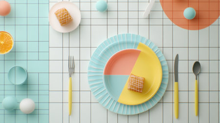 Bright and vibrant table setting showcasing colorful plates and playful food elements. Ideal for modern dining, culinary presentations, or festive occasions.の素材