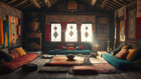 This cozy rustic interior features colorful textiles and natural lighting, creating a warm and inviting atmosphere. Ideal for showcasing comfort and tradition.の素材