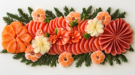 Stunning display of intricately sliced seafood arranged with flowers and greenery. Perfect for culinary events, catering services, and food styling inspiration.の素材