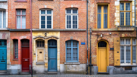 Explore the vibrant facades of historic brick buildings showcasing a variety of colors and architectural styles in an enchanting European street setting.の素材