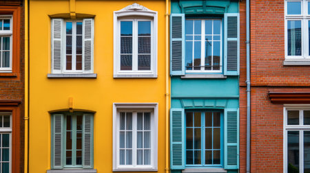 Discover a striking view of colorful facades showcasing a blend of architectural styles. This image highlights windows and textures that bring charm to urban streets.の素材