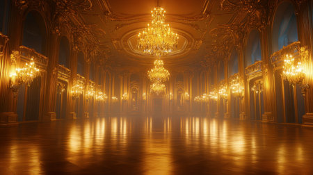 A stunning golden hall featuring elegant chandeliers and a warm ambiance. The spacious interior showcases intricate architectural details, creating a timeless atmosphere perfect for events or decorative inspiration.の素材