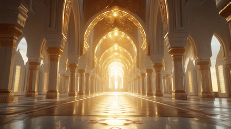 Explore a breathtaking interior featuring elegant arches and a warm golden glow, creating a serene atmosphere. This stunning scene invites reflection and tranquility.の素材