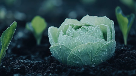 A close-up view of a fresh green cabbage with water droplets, nestled in rich dark soil, surrounded by green seedlingsの素材