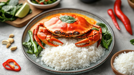 A vibrant plate featuring a whole crab atop fluffy white rice, surrounded by fresh vegetables and herbs, perfect for seafood lovers.の素材