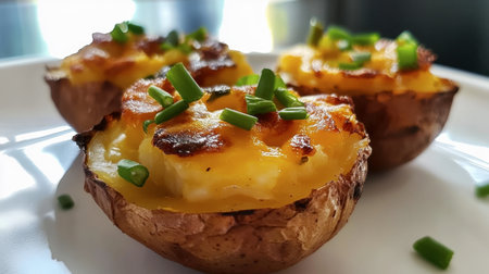 Discover a delightful image of baked potato halves topped with melted cheese and fresh chives, perfect for any occasion or meal.の素材