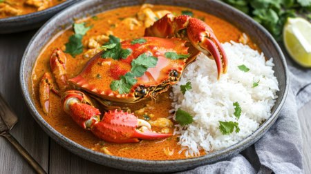 A vibrant bowl of fresh crab curry served with fluffy rice, garnished with cilantro and a slice of lime, perfect for seafood lovers who enjoy rich flavors.の素材