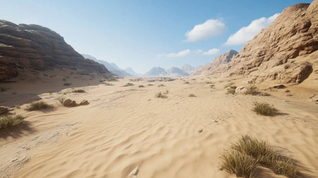 A stunning view of a vast desert landscape featuring gentle sand dunes, rocky formations, and distant mountains beneath a bright blue sky.の素材
