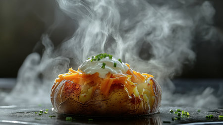 A mouthwatering baked potato topped with melted cheese and sour cream, surrounded by steam. Perfect for a comforting meal or snack. Enjoy the rich flavors!の素材