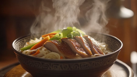A steaming bowl of noodles topped with tender chicken and fresh vegetables creates a delicious and comforting meal perfect for any occasion.の素材