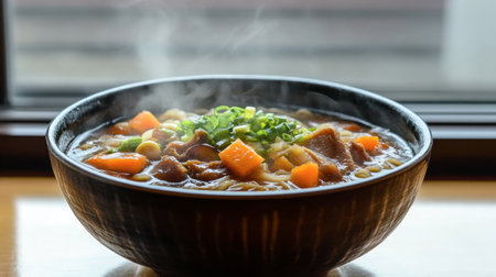 Experience the warmth of this steaming bowl of Japanese noodle soup, featuring fresh vegetables and rich broth, perfect for a cozy meal at home.の素材