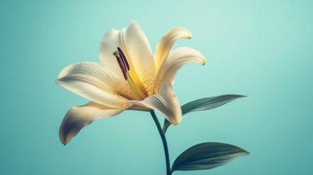 A stunning white lily displays its delicate petals against a soft blue background, capturing the essence of beauty and tranquility in nature's design.の素材
