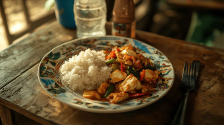 A vibrant plate of stir-fried chicken paired with fluffy white rice, served in a rustic setting. Perfect for food lovers and culinary enthusiasts.の素材