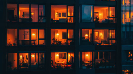 A captivating view of apartment windows glowing warmly at dusk, showcasing inviting interior spaces and tranquil ambiance that captures urban living beautifully.の素材