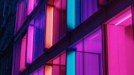 Stunning modern building facade illuminated by vibrant neon colors at night, showcasing a captivating blend of reflections and shadows, perfect for urban themes.の素材