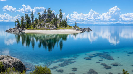 Experience the tranquility of a serene island oasis surrounded by crystal-clear waters and lush greenery, perfect for nature lovers and travelers alike.の素材