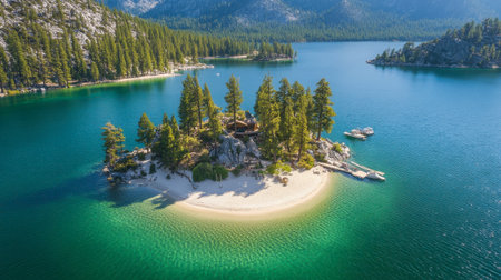 A stunning aerial view of a tranquil island retreat surrounded by crystal clear water and dense forest. This serene landscape showcases natureの素材