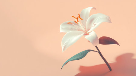 A stunning white lily flower rests on a soft coral background, casting a gentle shadow. This minimalistic and artistic piece captures the beauty and elegance of nature.の素材