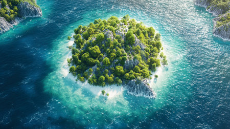 Explore this stunning aerial view of a tropical island surrounded by clear blue waters and vibrant greenery, capturing the essence of nature's beauty and tranquility.の素材