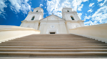 Captivating view of a majestic white church with impressive steps leading up, set against a bright blue sky filled with fluffy clouds, inviting visitors to explore.の素材