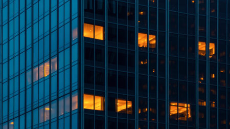 A modern office building showcases illuminated windows at night, highlighting the urban lifestyle. The sleek glass facade reflects artistry and design in a vibrant city environment.の素材