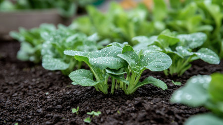 Lush green seedlings emerge from rich soil, glistening with raindrops. This image captures the essence of nature's growth and the nurturing process in gardening.の素材