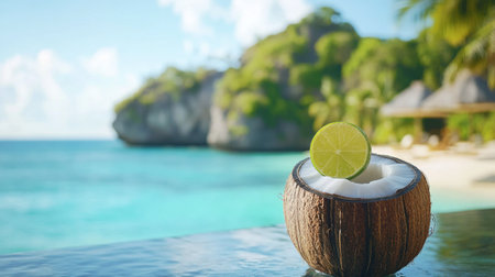 A refreshing coconut drink garnished with lime slices rests on a poolside edge, showcasing a serene beach backdrop. Ideal for summer vacation themes.の素材