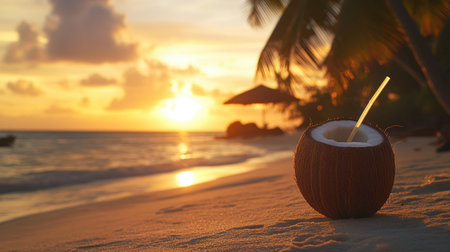 A beautiful coconut drink sits on the sandy beach, capturing the essence of a tropical sunset. Vibrant colors illuminate the horizon, inspiring relaxation and tranquility.の素材