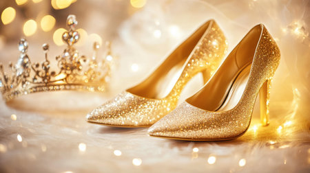 Stunning gold high heels with sparkling glitter next to a crown. Perfect for party, wedding, or glamorous event themes. Bright, elegant background adds charm.の素材