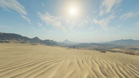 A stunning desert landscape featuring soft sand dunes under a bright sun. The serene blue sky and distant mountains create a peaceful atmosphere perfect for nature lovers.の素材