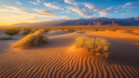 Explore a breathtaking desert landscape featuring golden sand dunes illuminated by a vivid sunset. The mountains in the distance provide an awe-inspiring backdrop.の素材