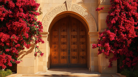 This captivating image features ornate wooden doors framed by lush bougainvillea flowers, blending architectural beauty with vibrant nature. Perfect for discussions on design and serenity.の素材